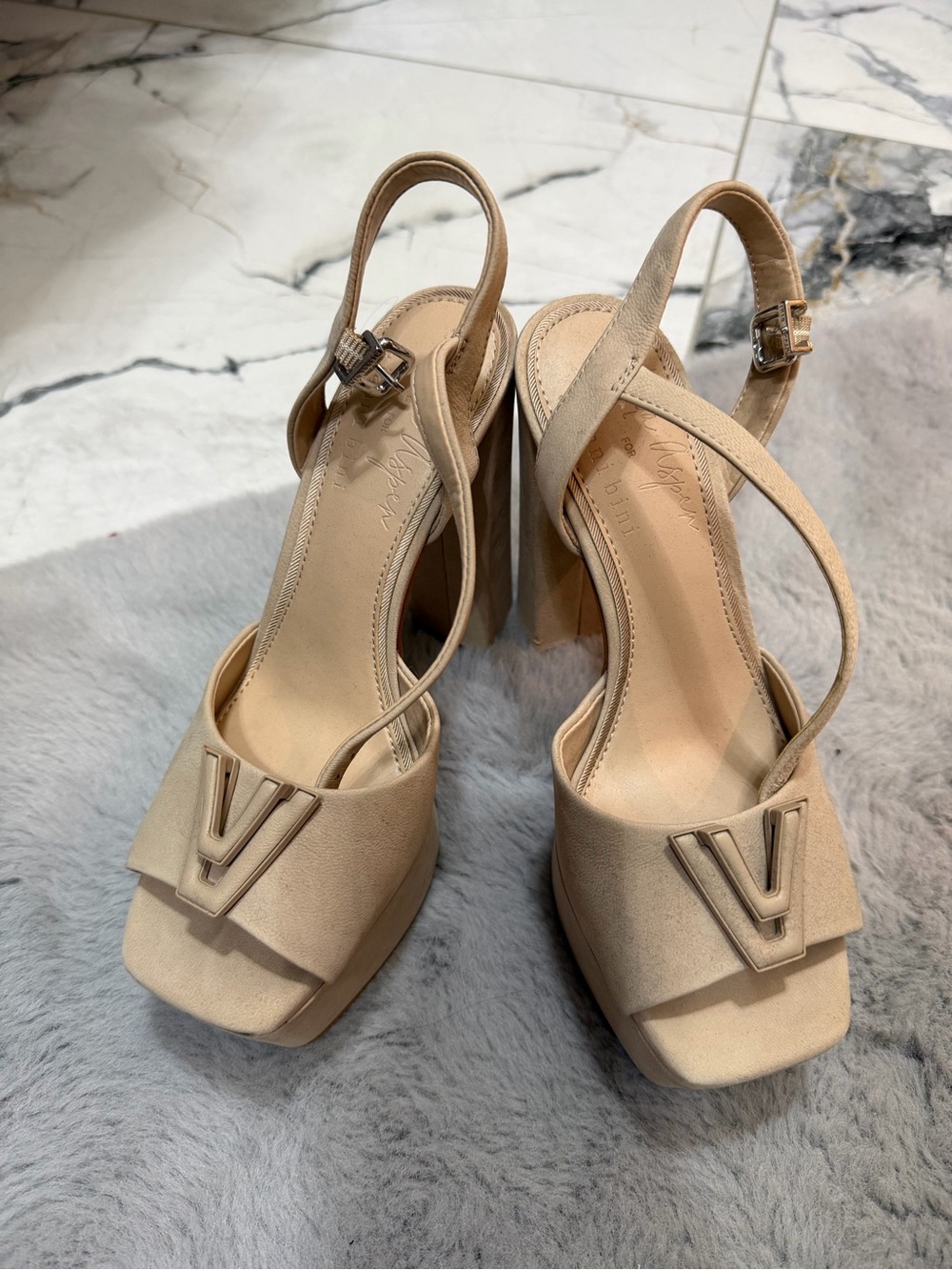 Women's Beige Slingback Platform Heels - Elegant V Accent